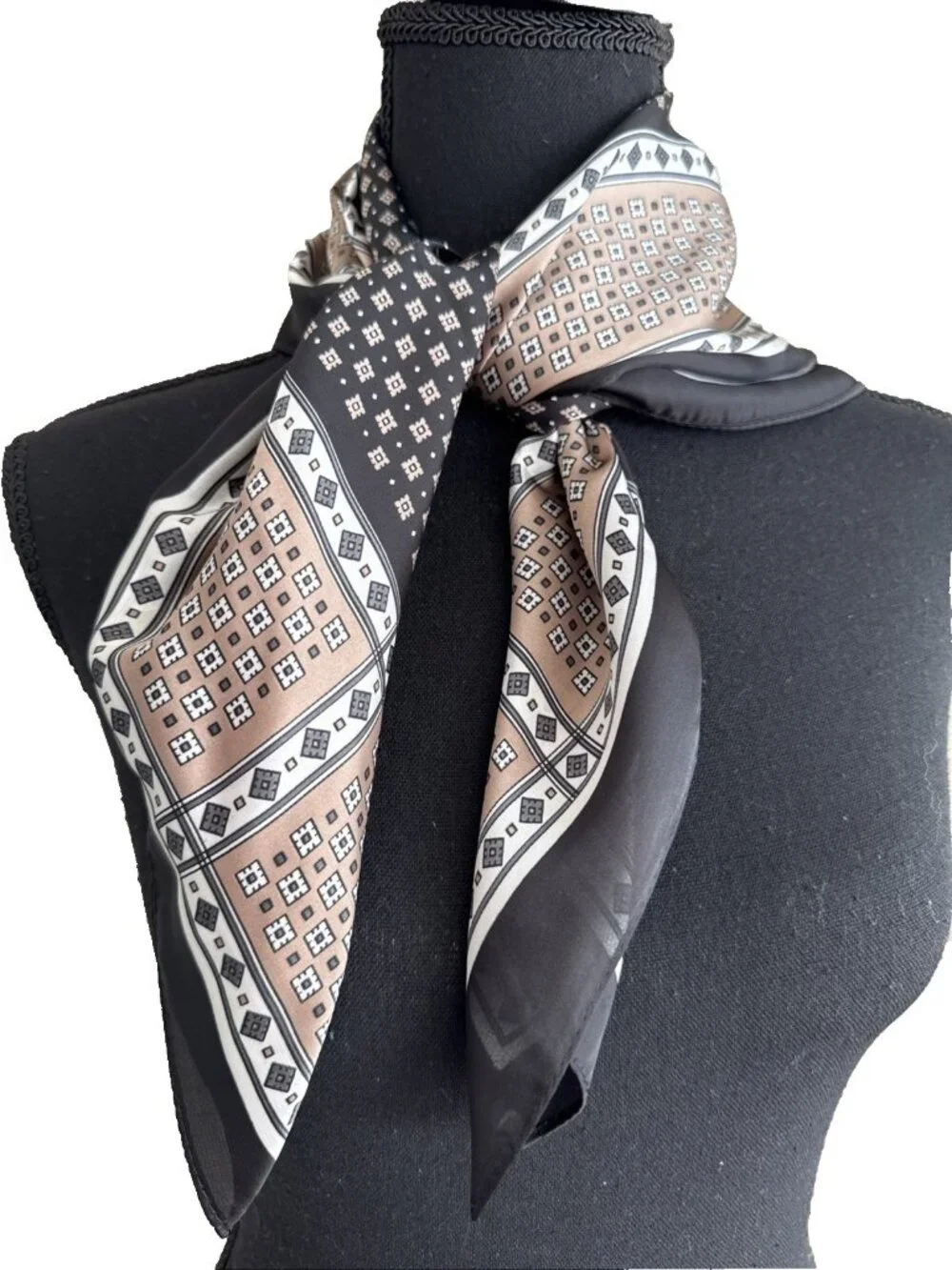 Elan 36” Square Scarf Geometric Silky Handkerchief Black Brown Cream NEW